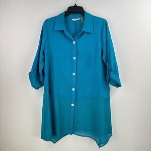 Soft Surroundings Top Womens Blouse Blue Woven Roll Tab Sleeve Button Asymmetric